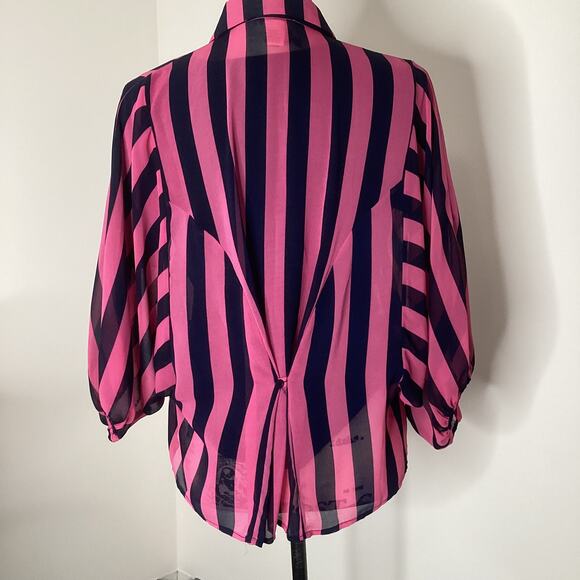 Vintage Sans Souci Sheer Stripe Blouse Button Front Batwing Dolman Sleeves Small - Picture 4 of 13